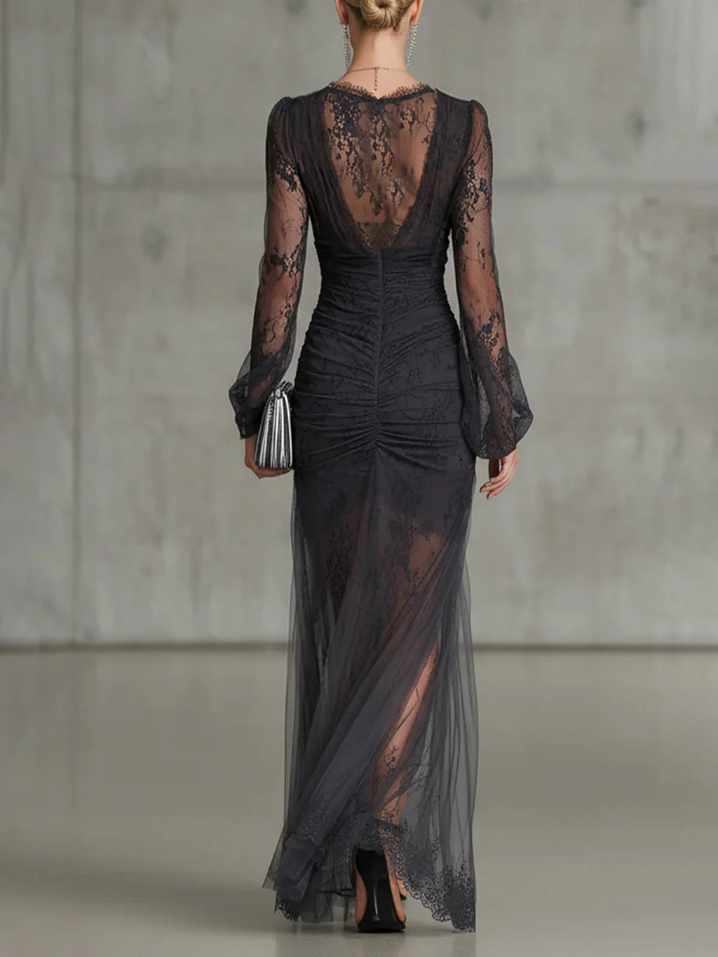 Womens lace maxi dress in Charcoal, back view with lace sleeves