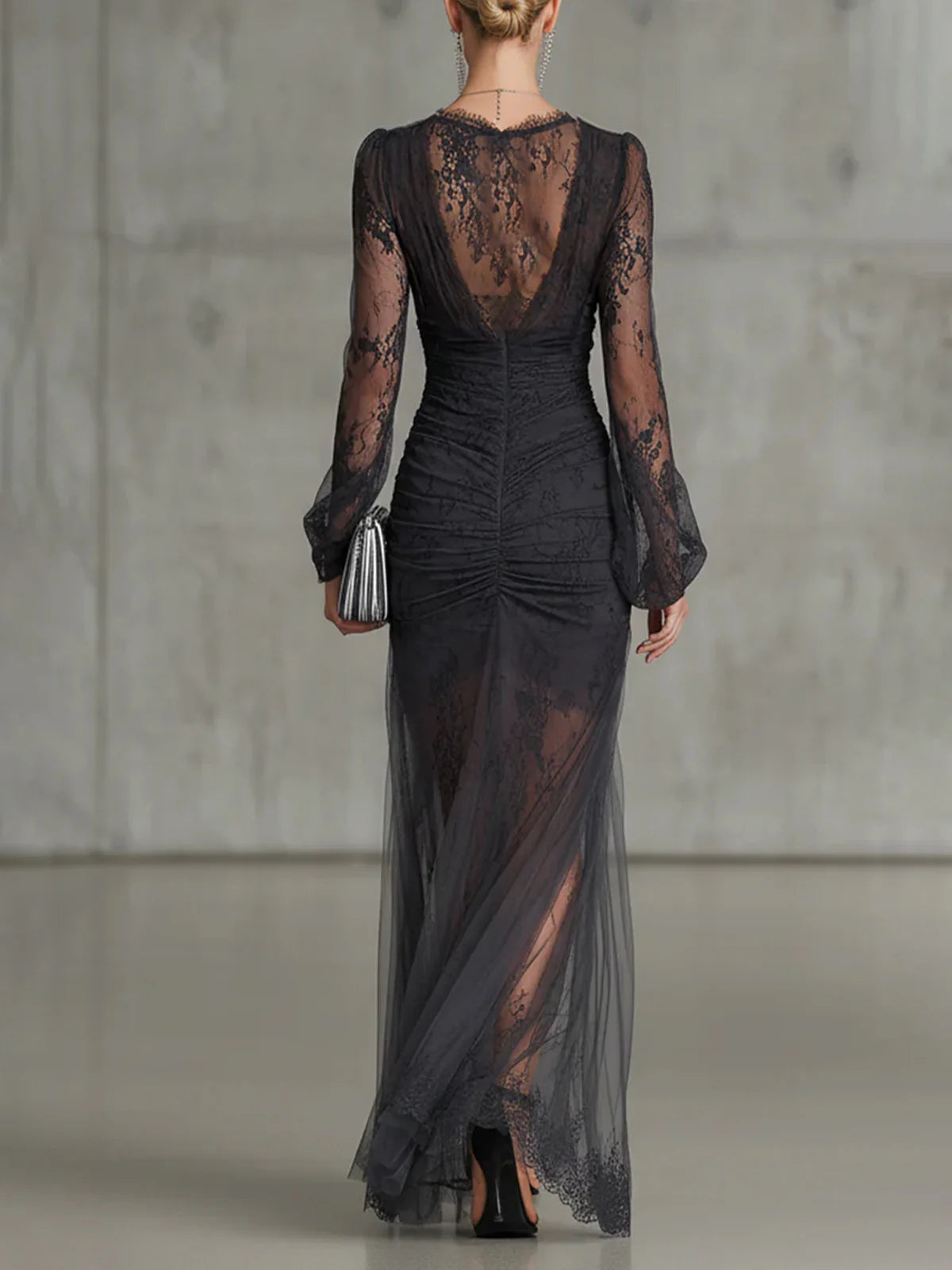 Womens lace maxi dress in Charcoal, back view with lace sleeves