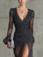 Womens lace maxi dress in Charcoal, close-up of the deep V neck and ruched bodice