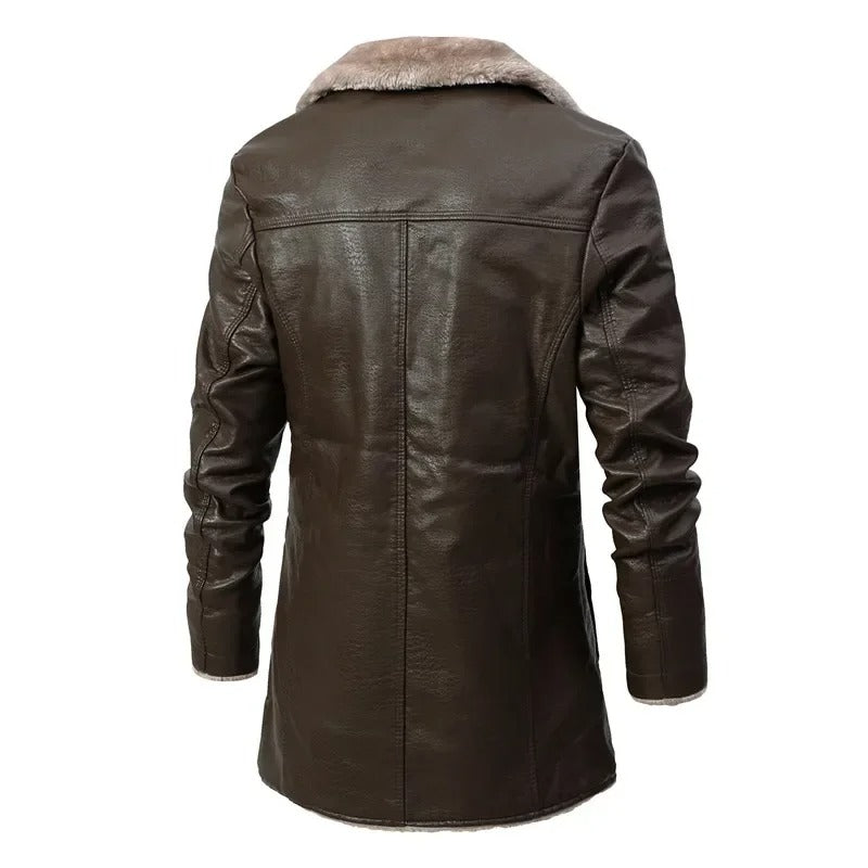 Double Breasted Leather Aviator Jacket with Shearling Collar
