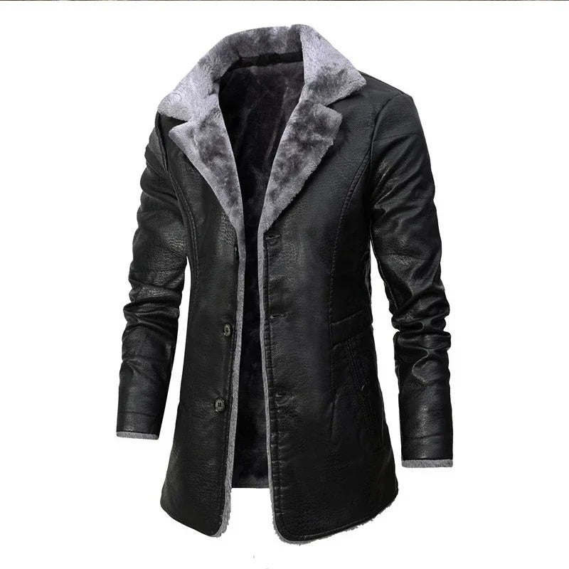 Double Breasted Leather Aviator Jacket with Shearling Collar