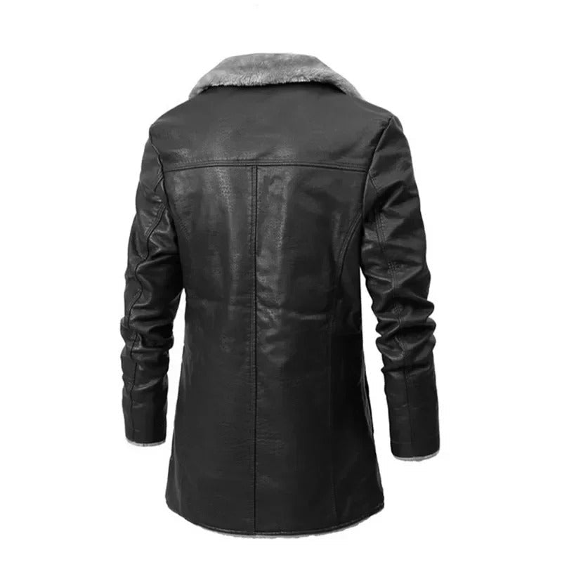 Double Breasted Leather Aviator Jacket with Shearling Collar