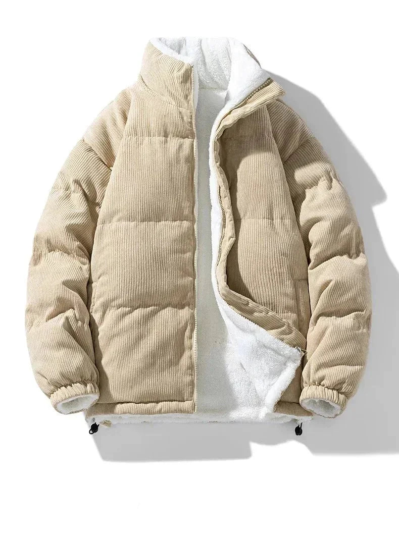 Mens reversible puffer jacket in Beige, quilted corduroy side out, sherpa inside