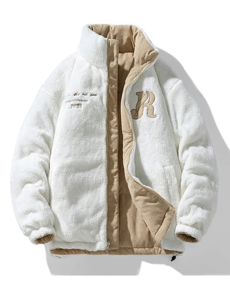 Mens reversible puffer jacket in Beige, white sherpa side out, beige corduroy inside