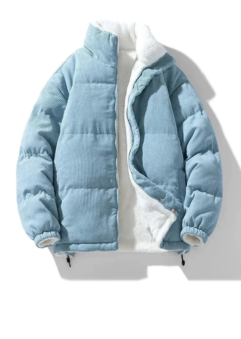 Mens reversible puffer jacket in Blue, quilted corduroy side out, sherpa inside