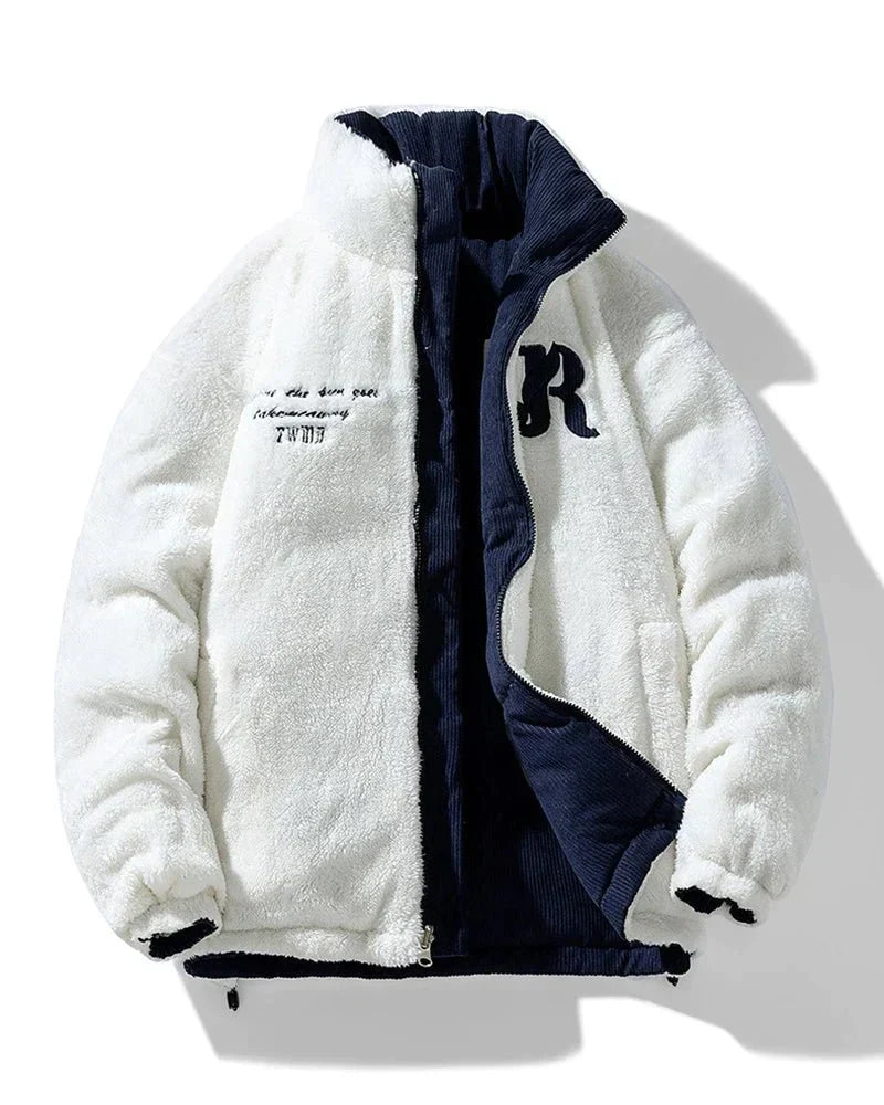 Mens reversible puffer jacket in Navy, white sherpa side out, navy corduroy inside