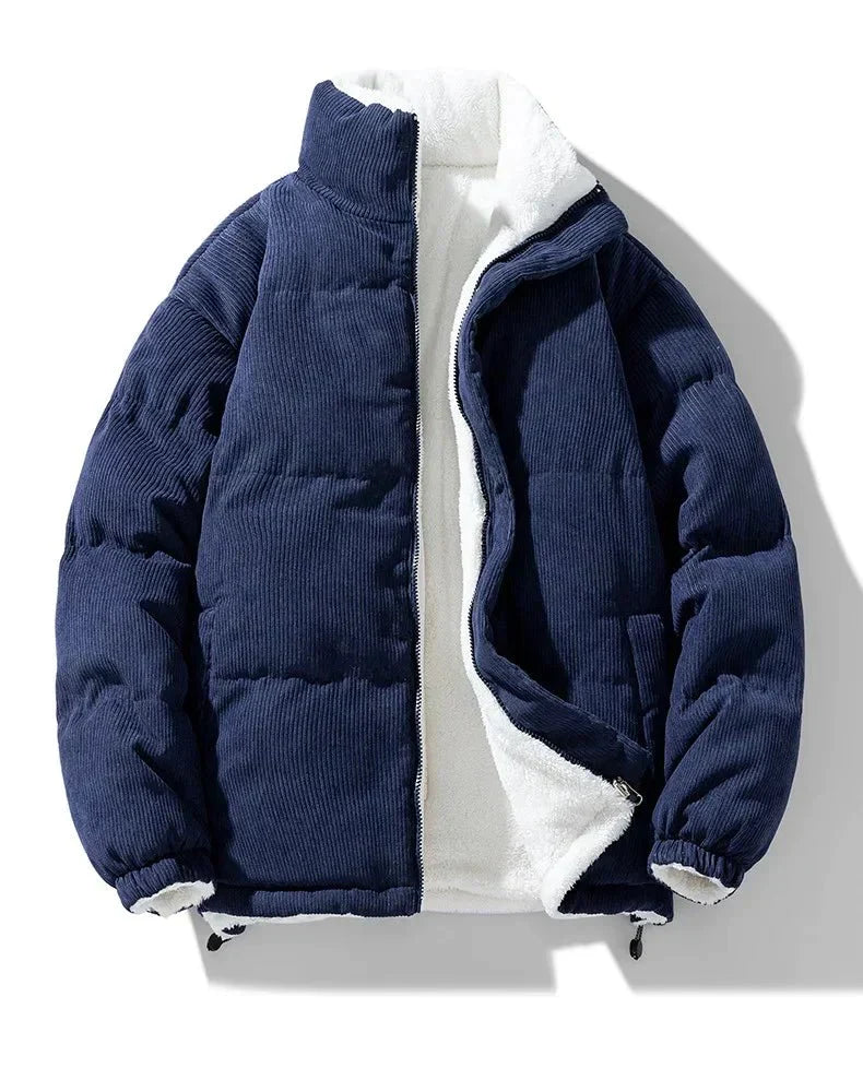 Mens reversible puffer jacket in Navy, quilted corduroy side out, sherpa inside