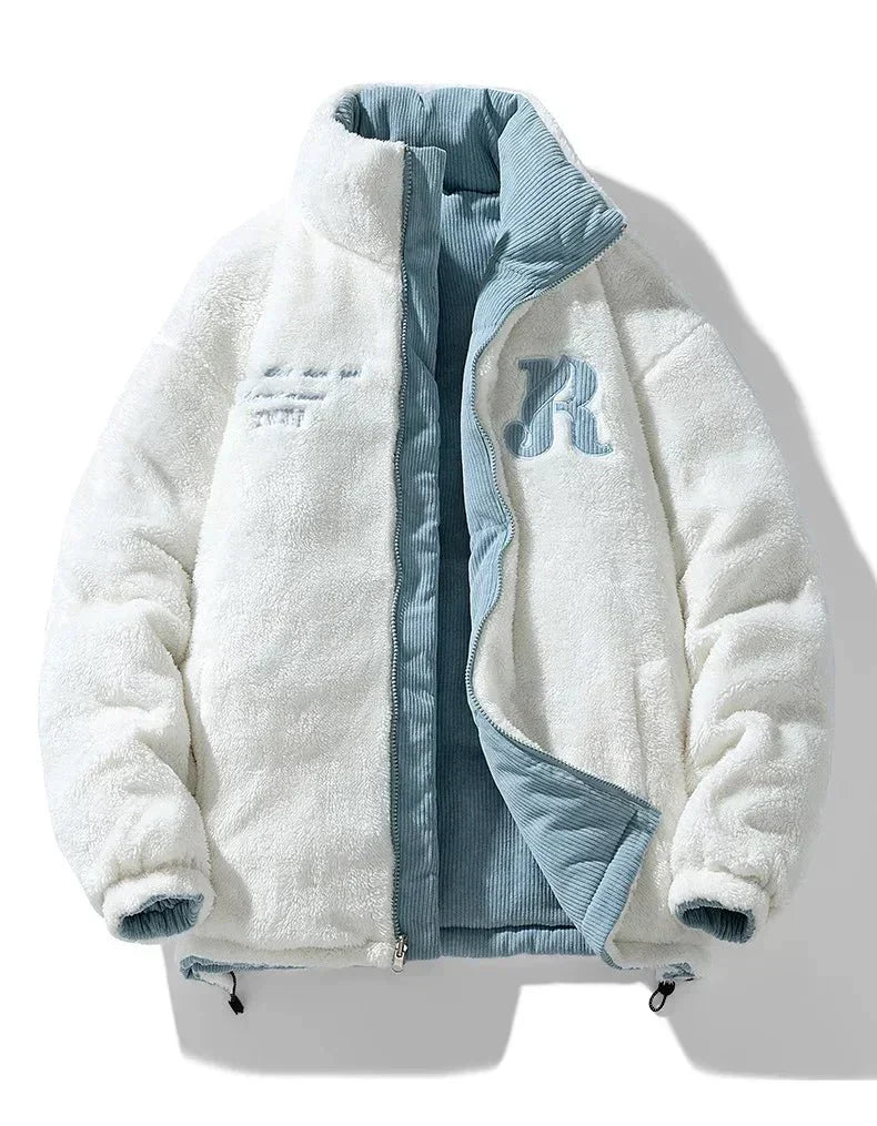 Mens reversible puffer jacket in Blue, white sherpa side out, blue corduroy inside