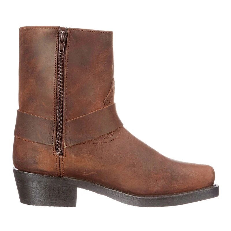 Harness Strap Leather Boots with Stacked Heel