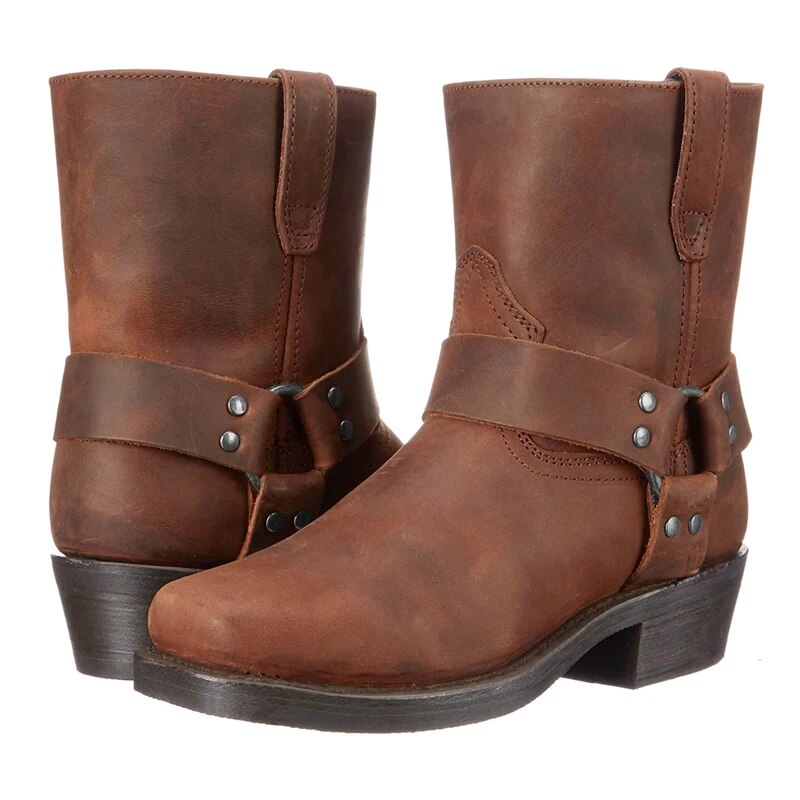 Harness Strap Leather Boots with Stacked Heel