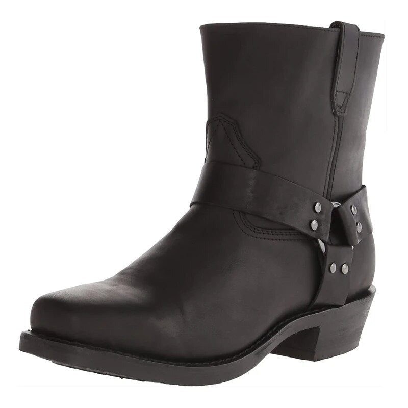 Harness Strap Leather Boots with Stacked Heel