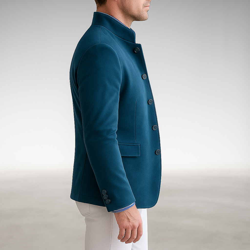 Mens suede jacket in Blue, side view with stand collar