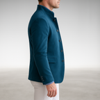 Mens suede jacket in Blue, side view with stand collar