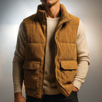 Mens corduroy puffer vest in Tan with flap pockets, worn over a cream sweater