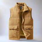 Mens corduroy puffer vest in Tan with stand collar and flap pockets
