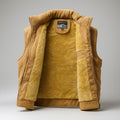 Corduroy puffer vest in Tan, open to show the plush fleece lining