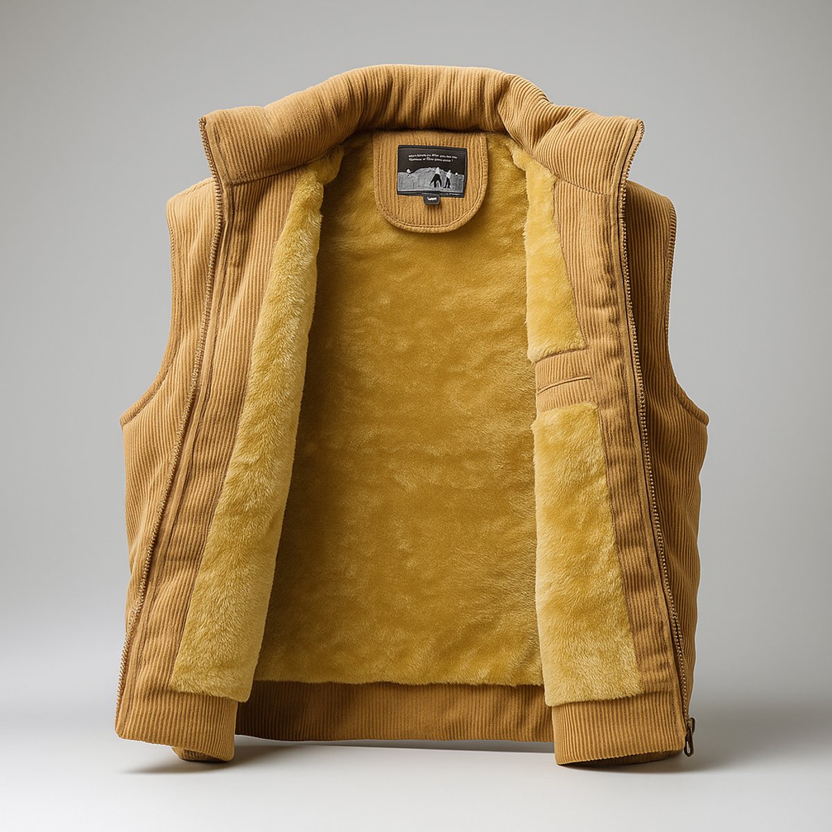 Corduroy puffer vest in Tan, open to show the plush fleece lining