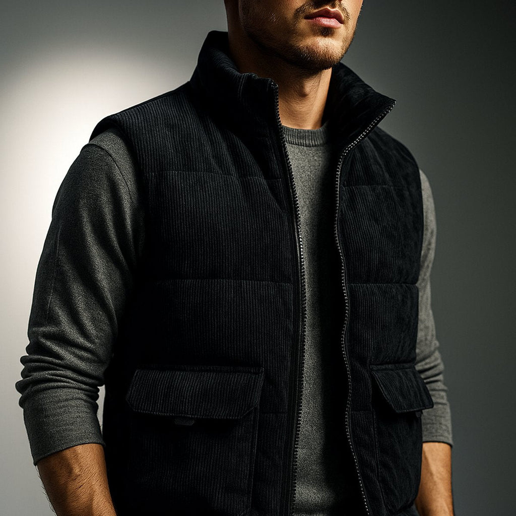 Mens corduroy puffer vest in Black, worn over a gray sweater