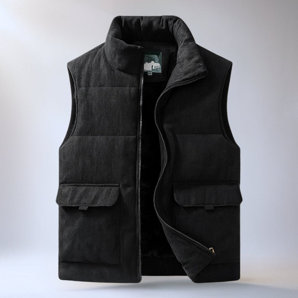 Mens corduroy puffer vest in Black with stand collar and flap pockets