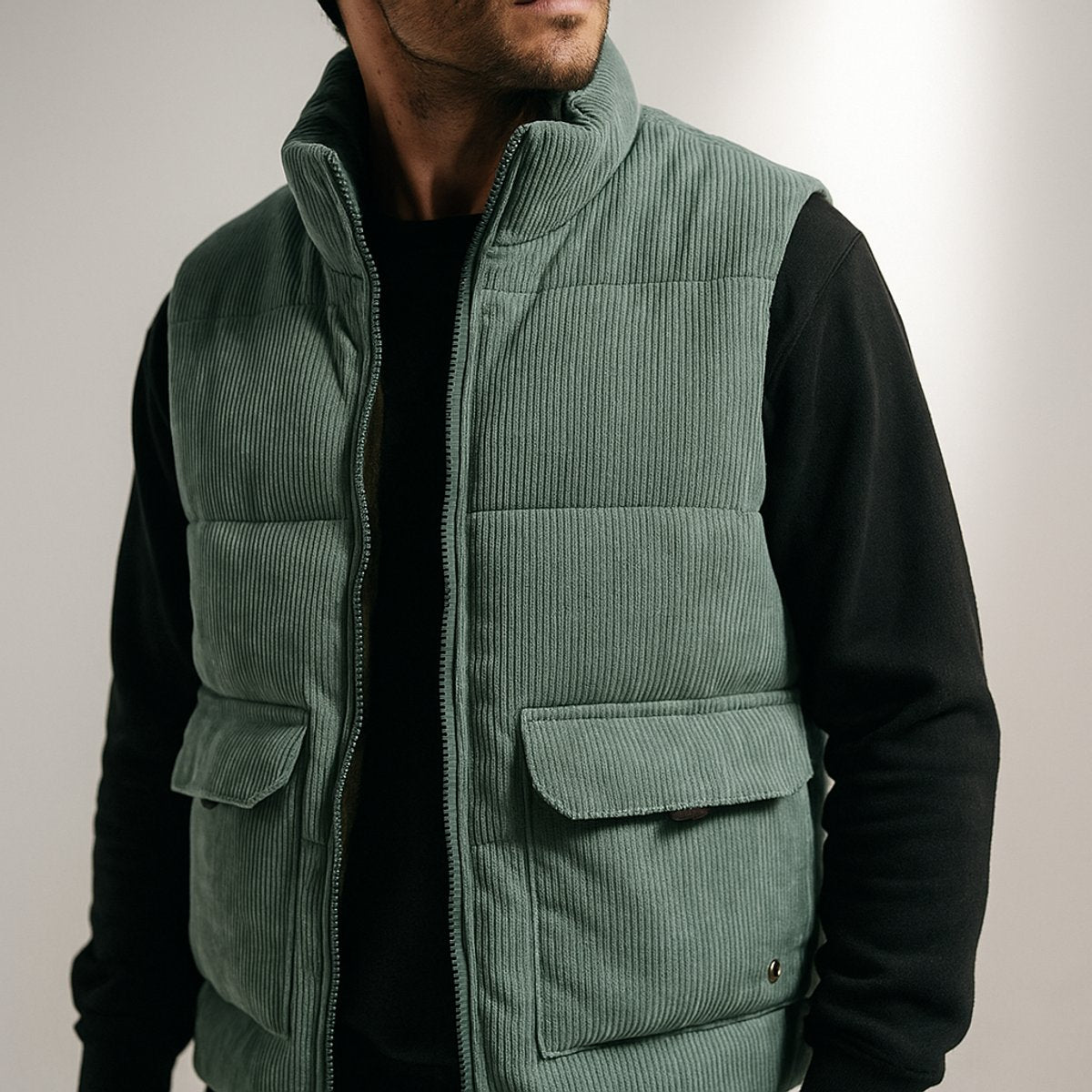 Mens corduroy puffer vest in Green, worn over a black sweater