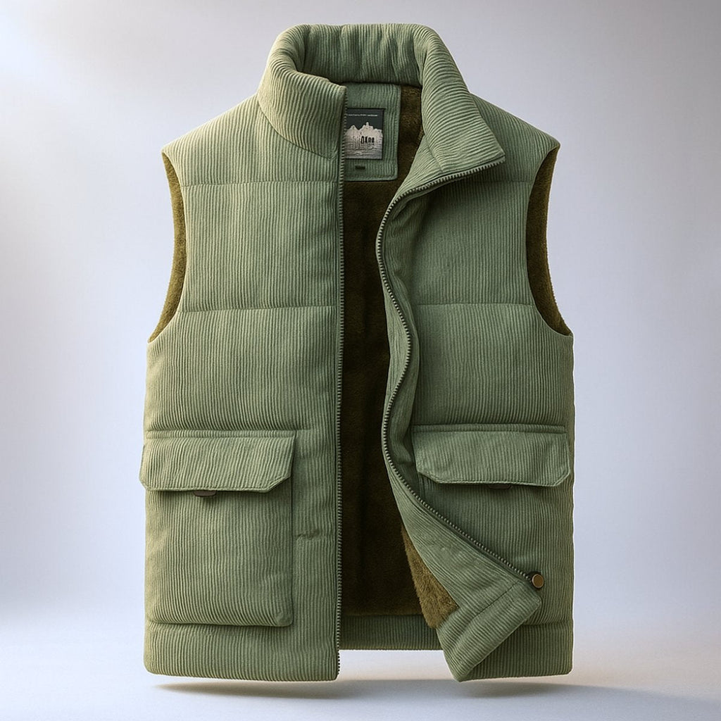 Mens corduroy puffer vest in Green with stand collar and flap pockets