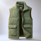 Mens corduroy puffer vest in Green with stand collar and flap pockets