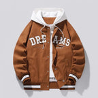 Mens varsity jacket in Brown with white contrast hood and chest lettering