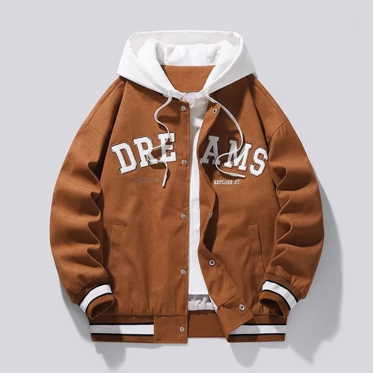 Mens varsity jacket in Brown with white contrast hood and chest lettering