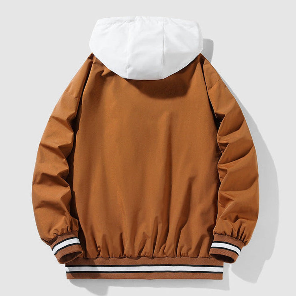 Mens varsity jacket in Brown, back view with white hood and striped hem