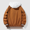 Mens varsity jacket in Brown, back view with white hood and striped hem