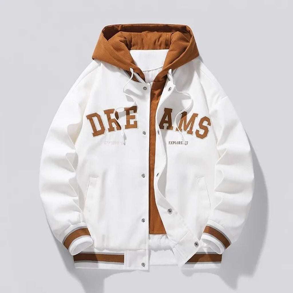 Mens varsity jacket in White with brown contrast hood and chest lettering