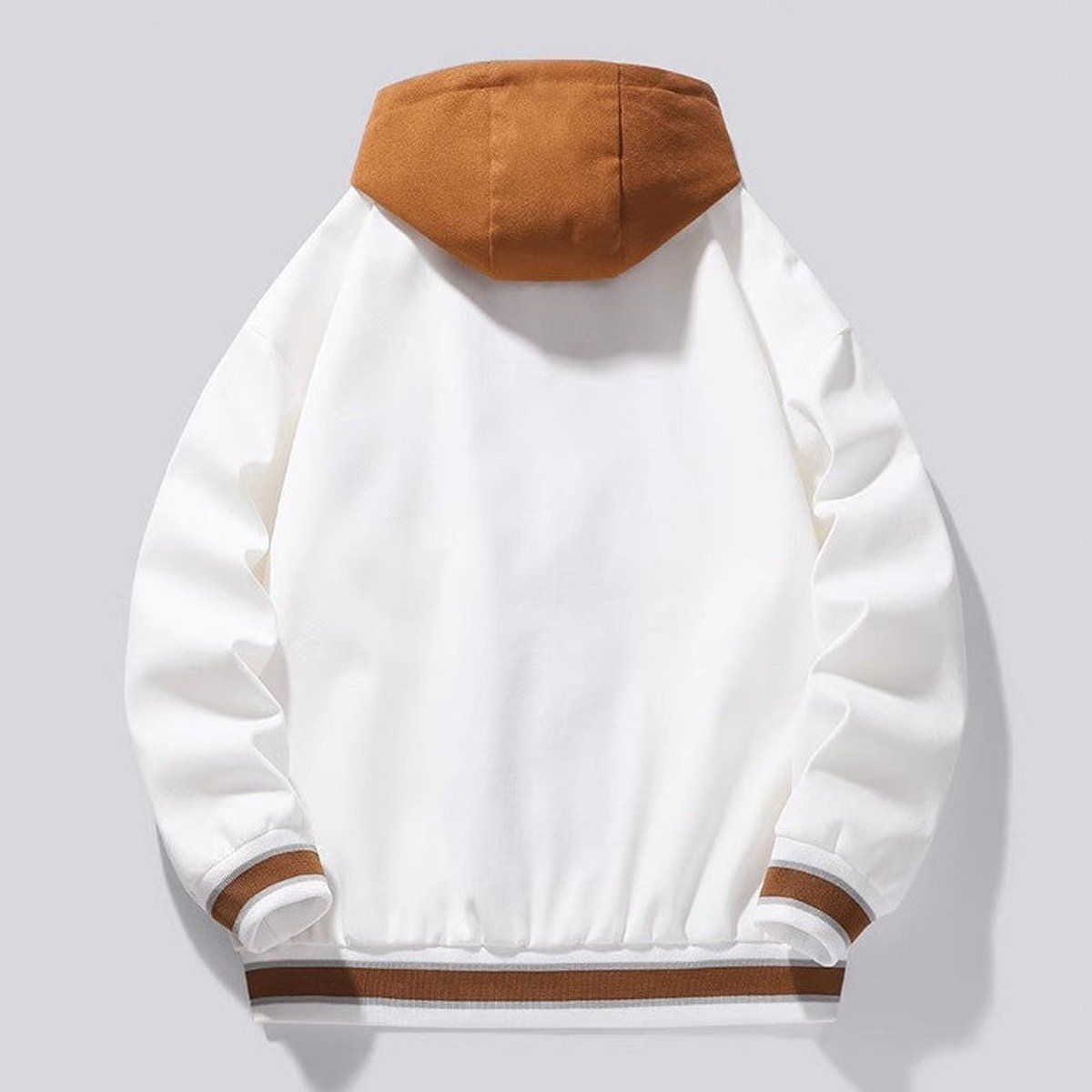 Mens varsity jacket in White, back view with brown hood and striped cuffs