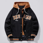 Mens varsity jacket in Black with brown contrast hood and chest lettering