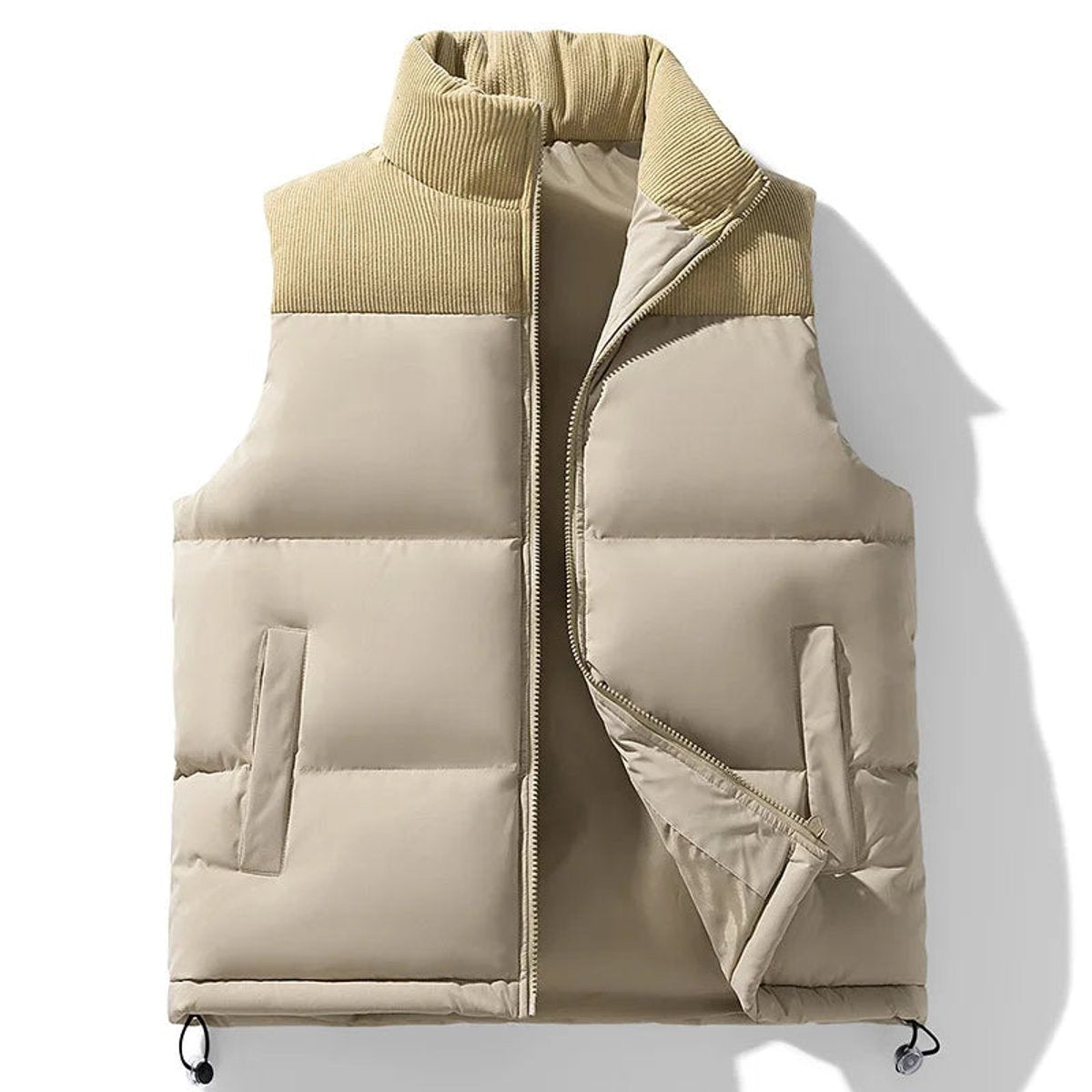 Mens puffer vest in Beige with darker ribbed collar and shoulder panel