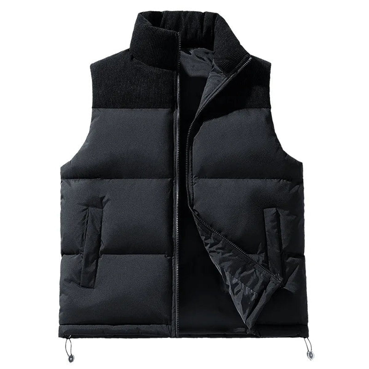 Mens puffer vest in Black with ribbed stand collar and drawcord hem