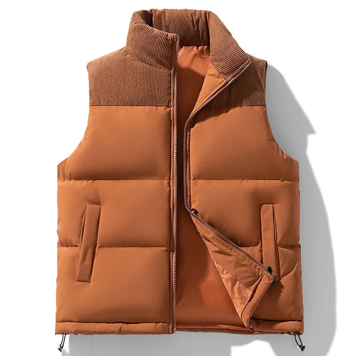 Mens puffer vest in Orange with darker ribbed collar and shoulder panel