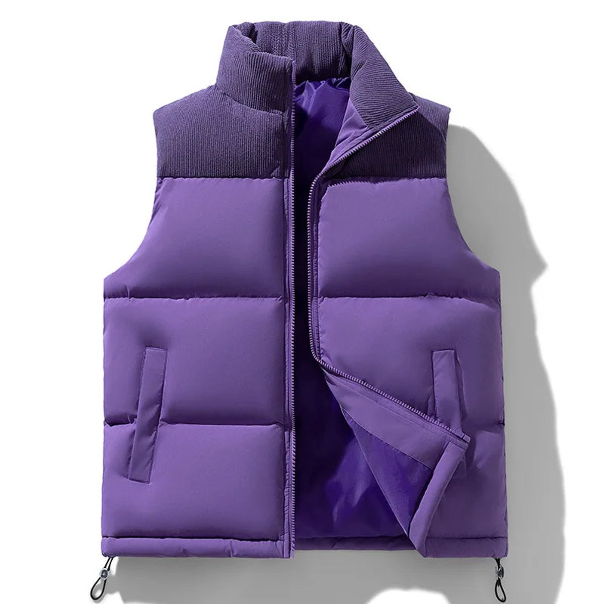 Mens puffer vest in Purple with darker ribbed collar and shoulder panel