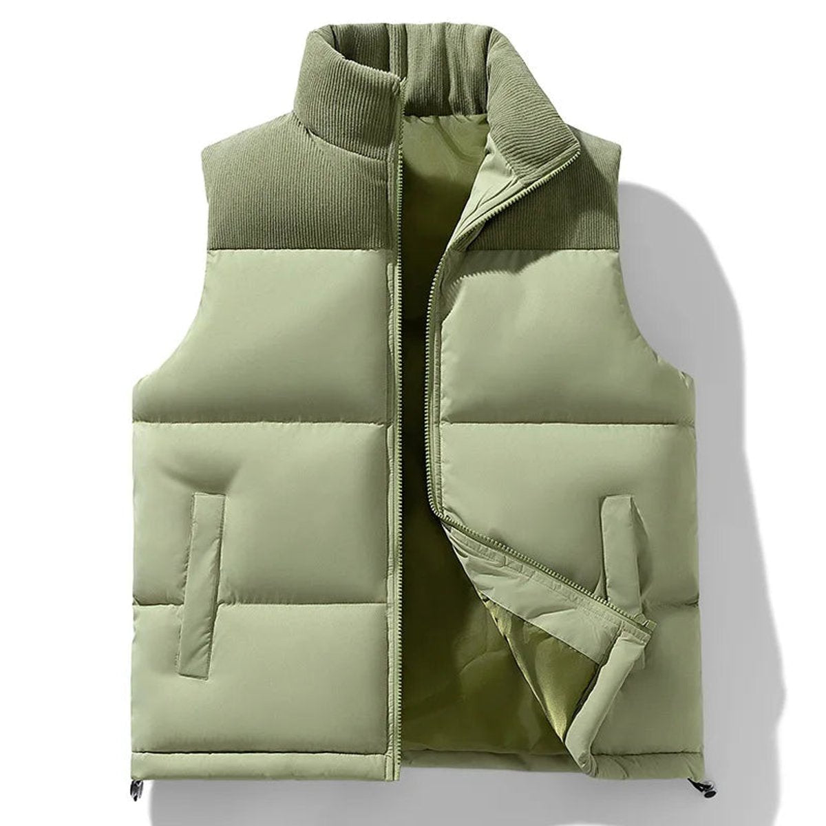 Mens puffer vest in Green with darker ribbed collar and shoulder panel