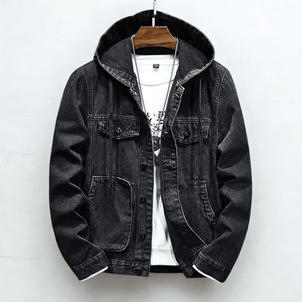 Black Hooded Denim Jacket for men