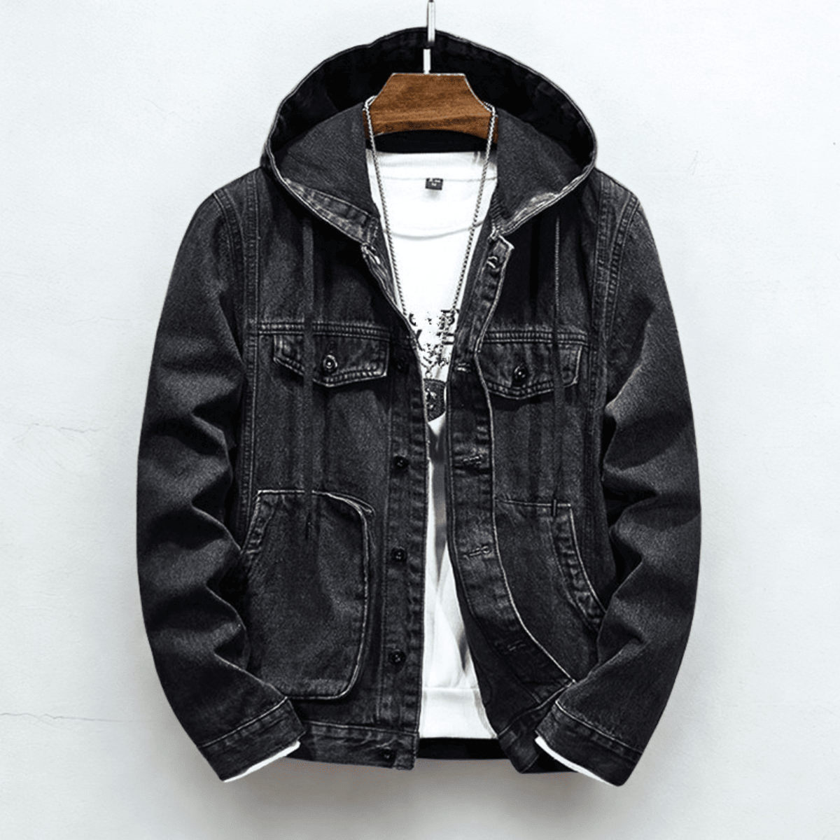 Black Hooded Denim Jacket for men