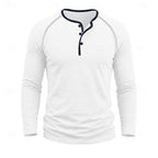 Mens henley shirt in White, front view with dark neck trim
