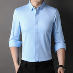 Mens dress shirt in Light Blue, front view with hidden button front