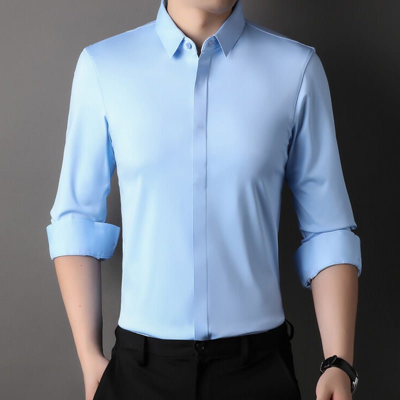 Mens dress shirt in Light Blue, front view with hidden button front