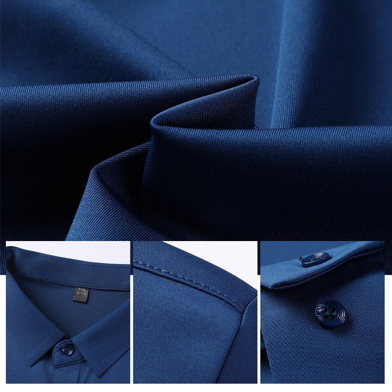 Mens dress shirt in Blue, close view of fabric, collar and cuff button