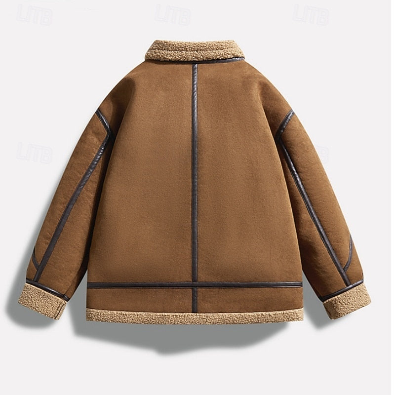 Faux Shearling Aviator Jacket for Men with Wide Collar