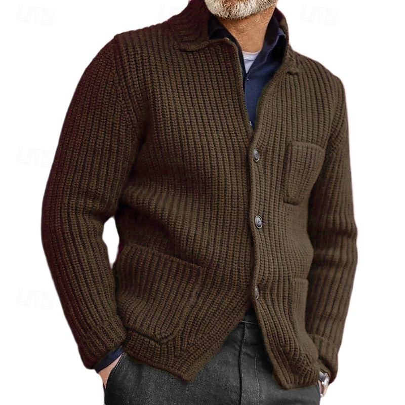 Mens cardigan in Brown with button front and patch pockets