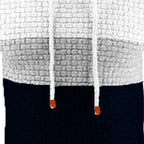 Mens color block hoodie in White, close-up of the drawstrings and navy band