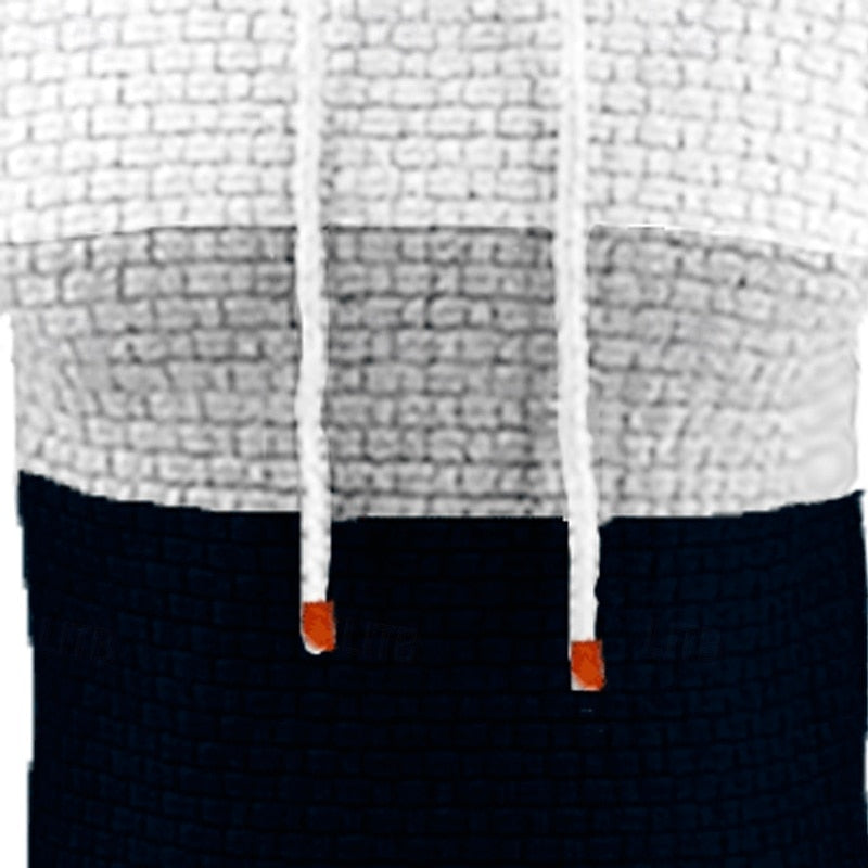 Mens color block hoodie in White, close-up of the drawstrings and navy band