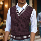 Wine Red cable knit sweater vest for men with v neck