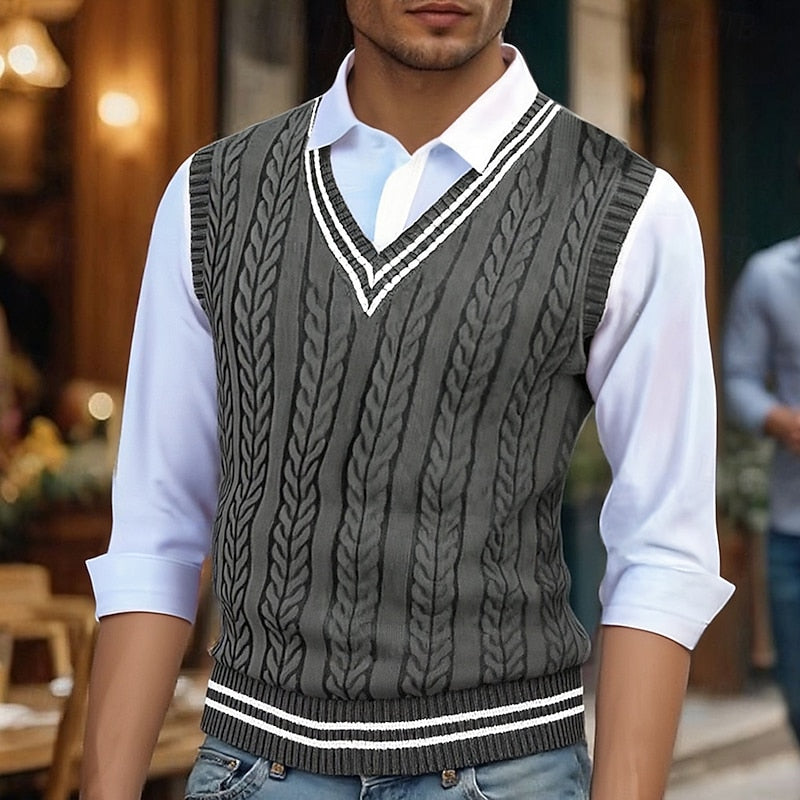 Dark Grey cable knit sweater vest for men with v neck